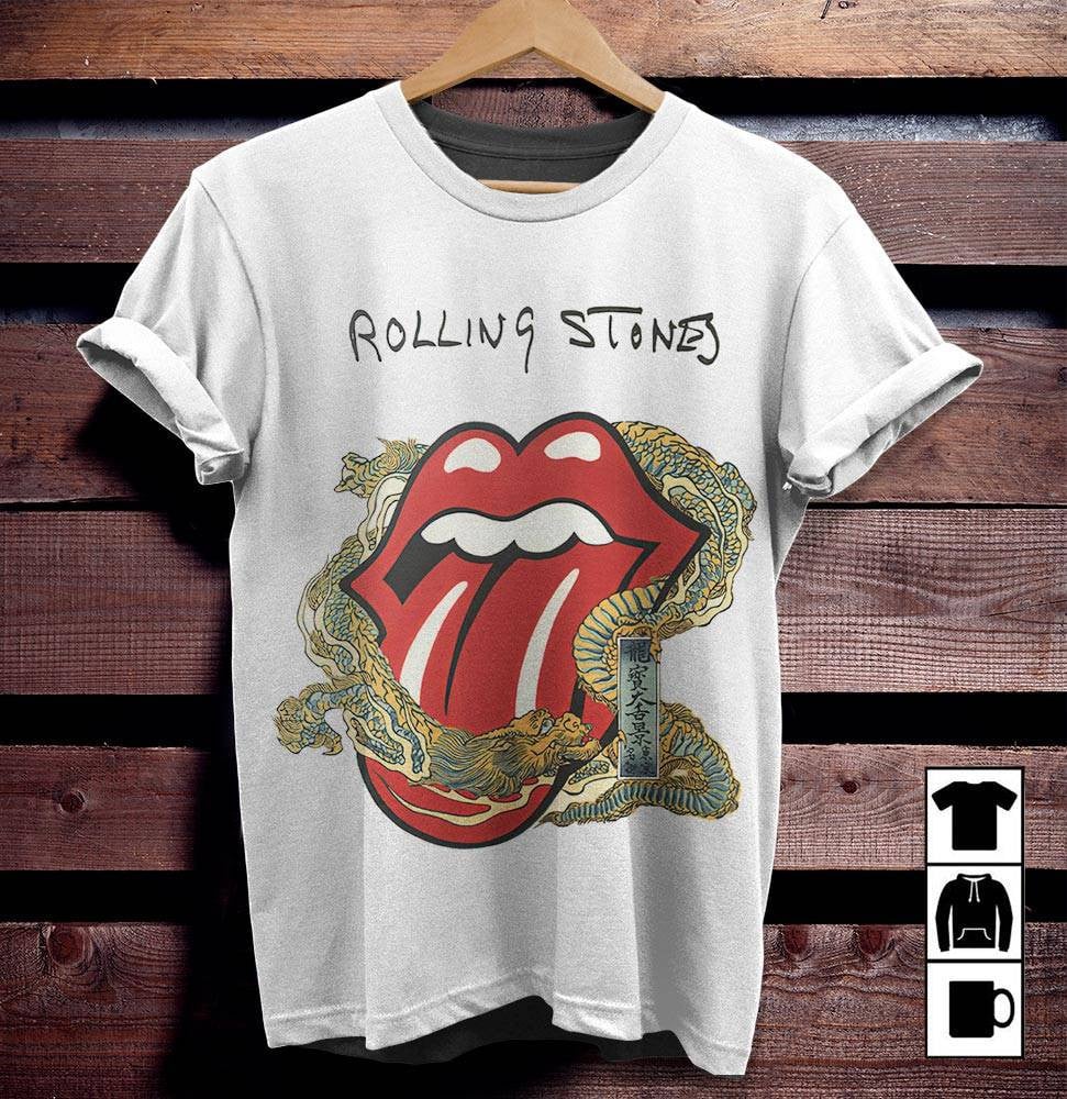 The Rolling Stones Merch Big Tongue Gold Dragon Tattoo Japan Style TShirt Sweatshirt Hoodie - White
