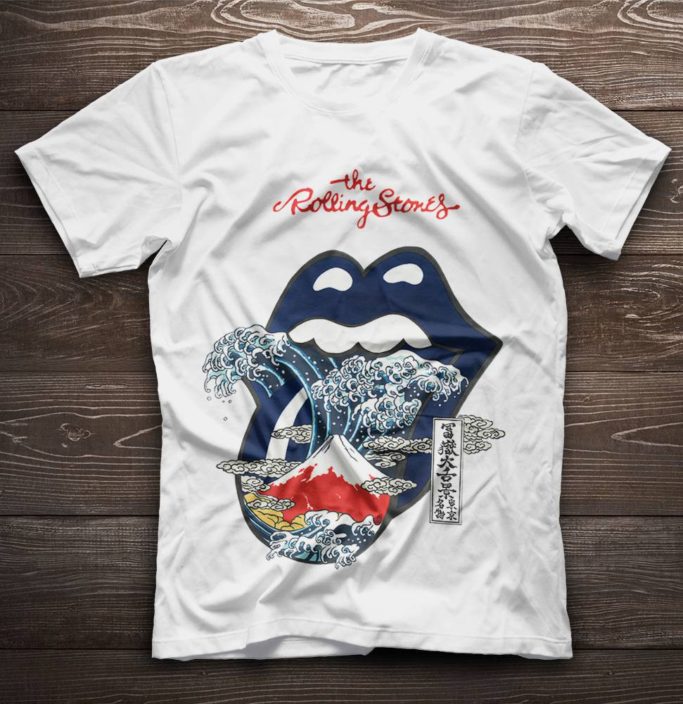 The Rolling Stones Merch Big Tongue Great Wave Fuji Mountain Tattoo Japan Style TShirt Sweatshirt Hoodie - White