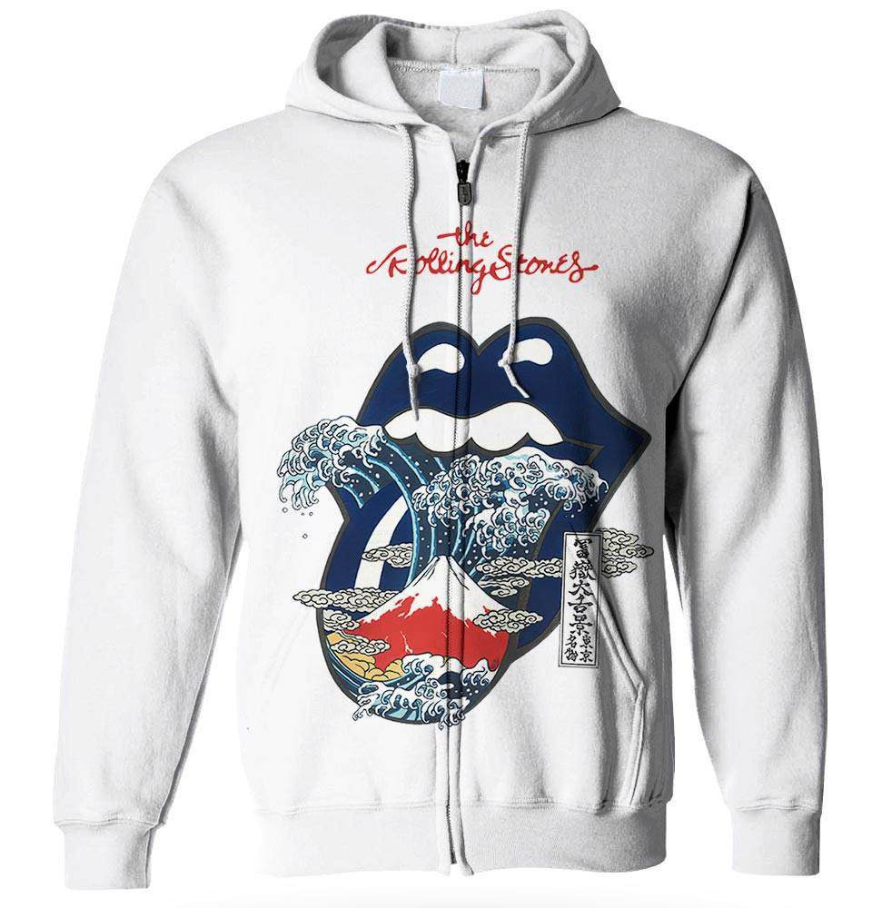 The Rolling Stones Merch Big Tongue Great Wave Fuji Mountain Tattoo Japan Style TShirt Sweatshirt Hoodie - White