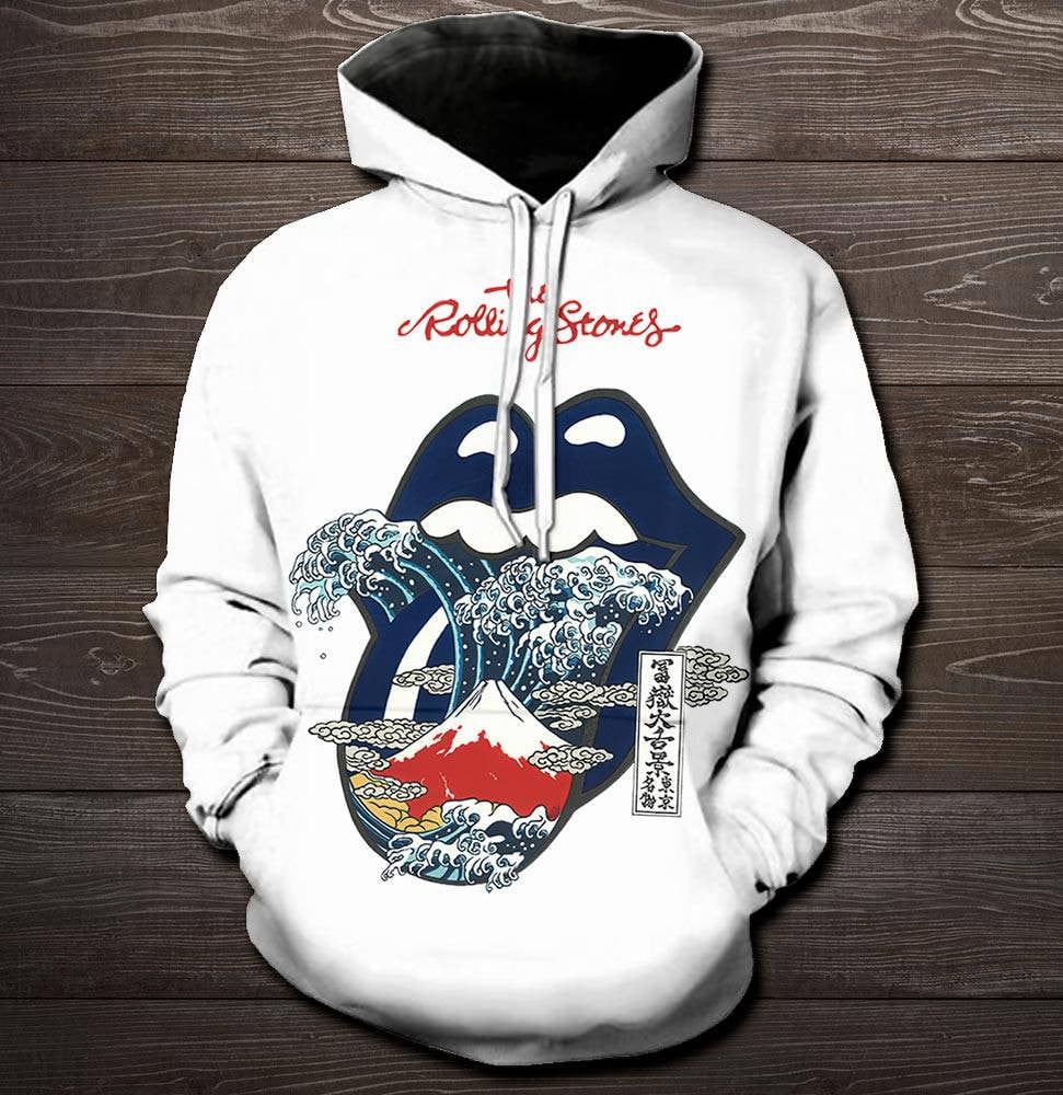 The Rolling Stones Merch Big Tongue Great Wave Fuji Mountain Tattoo Japan Style TShirt Sweatshirt Hoodie - White