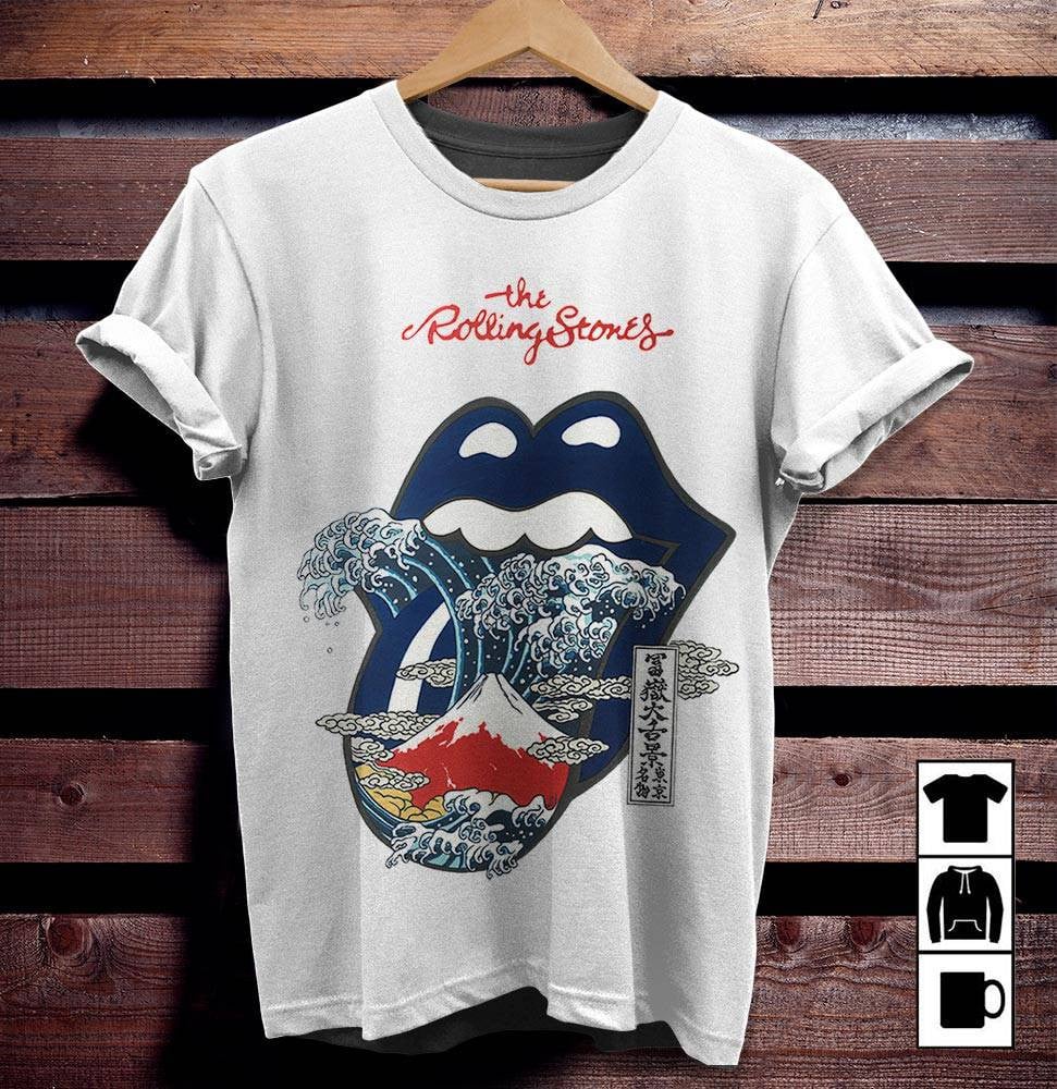 The Rolling Stones Merch Big Tongue Great Wave Fuji Mountain Tattoo Japan Style TShirt Sweatshirt Hoodie - White