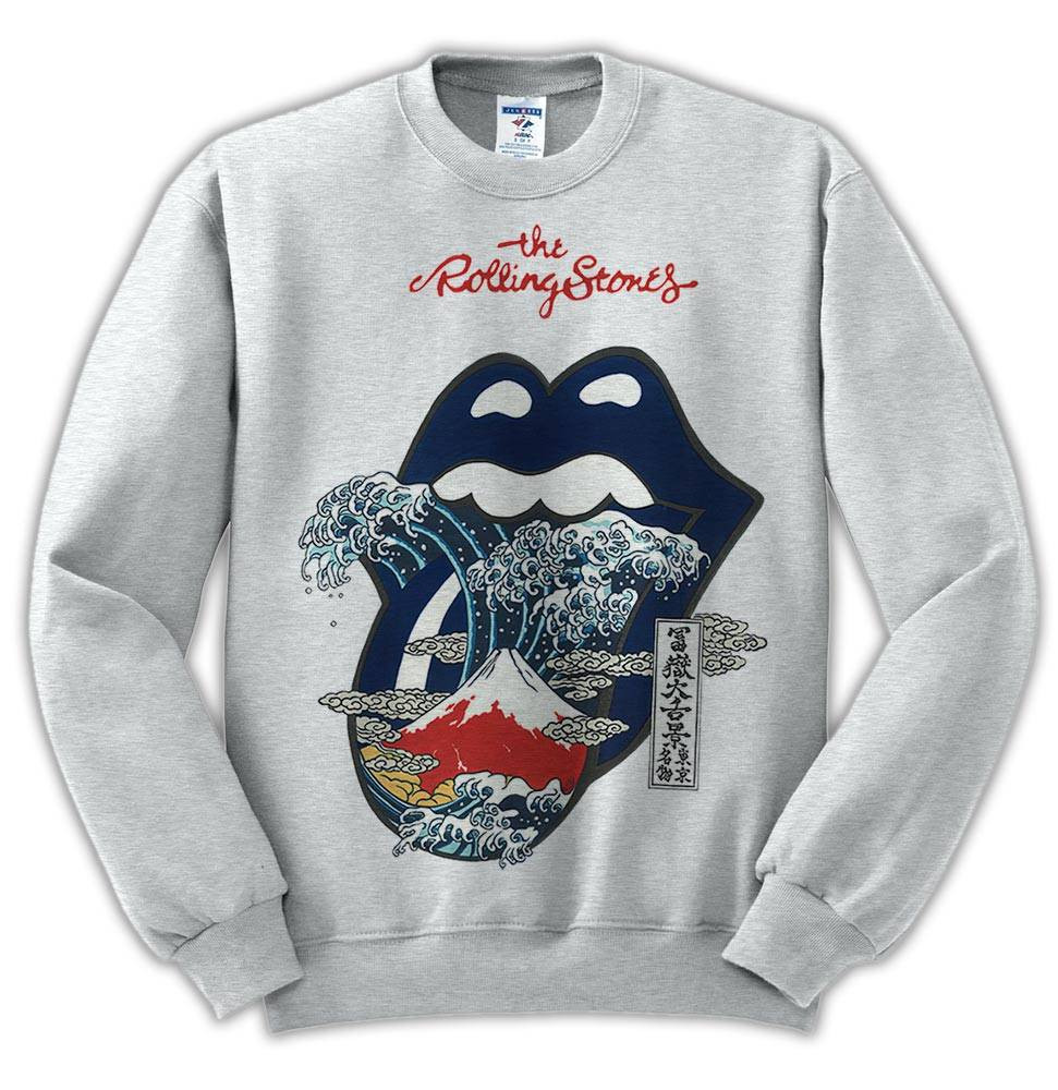 The Rolling Stones Merch Big Tongue Great Wave Fuji Mountain Tattoo Japan Style TShirt Sweatshirt Hoodie - White